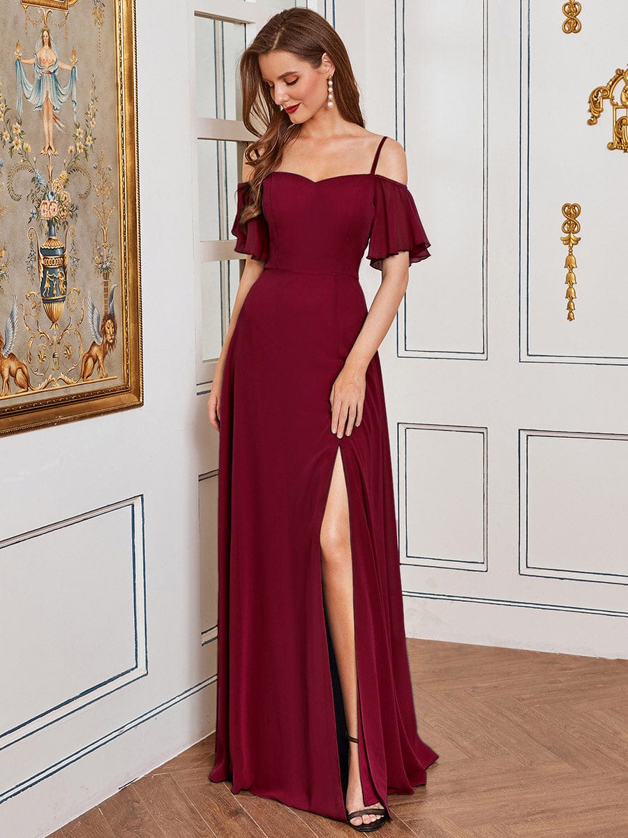 Stylish Cold-Shoulder Split Floor Length Wedding Guest Dress #color_Burgundy