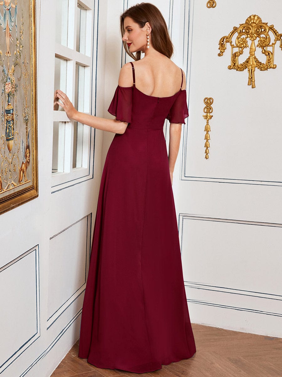 Stylish Cold-Shoulder Split Floor Length Wedding Guest Dress #color_Burgundy