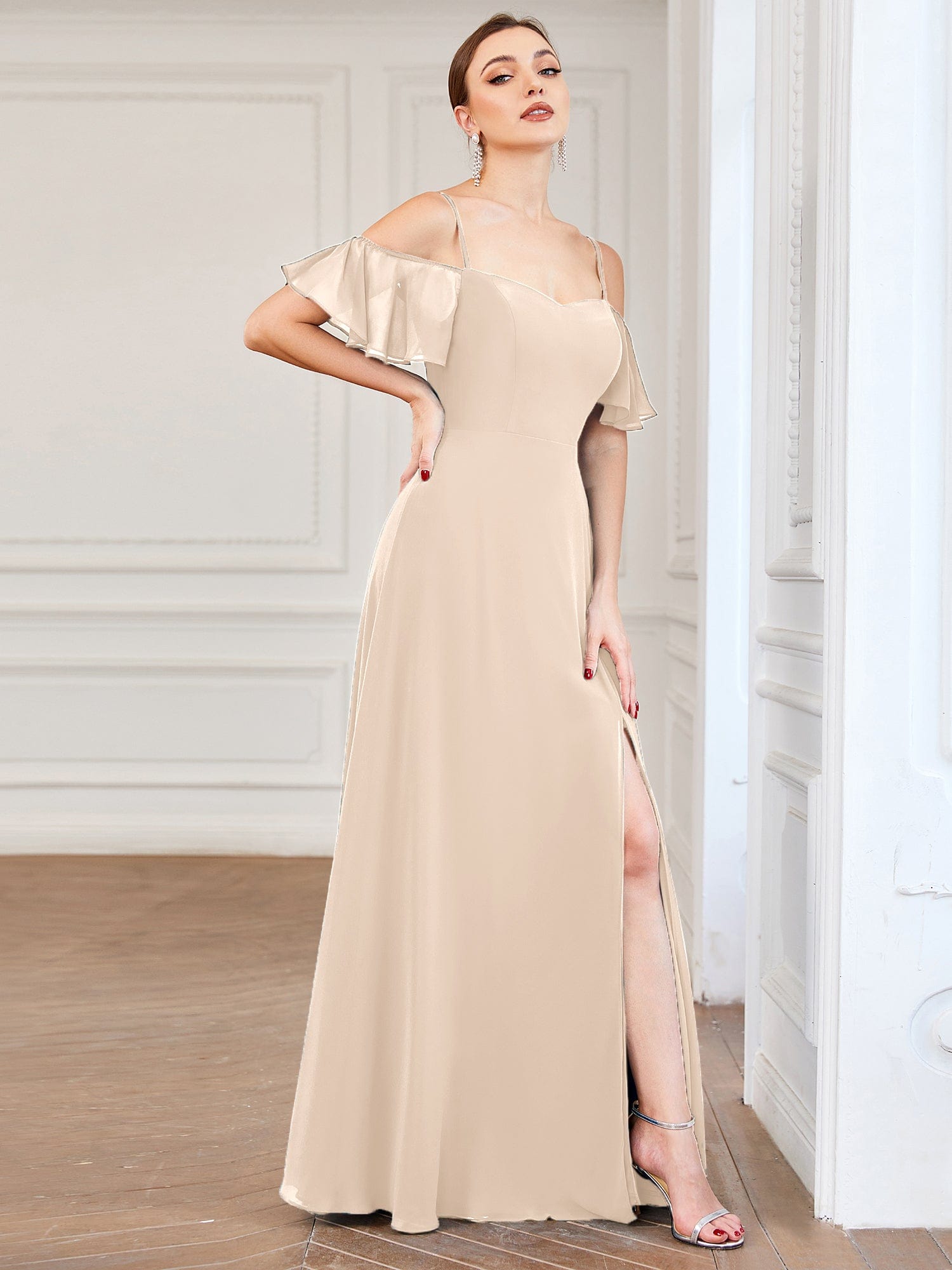 Custom Size Cold-Shoulder Floor Length Bridesmaid Dress with Side Slit #color_Blush
