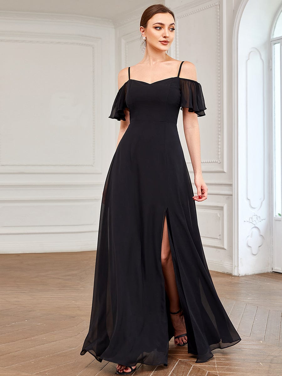 Custom Size Cold-Shoulder Floor Length Bridesmaid Dress with Side Slit #color_Black