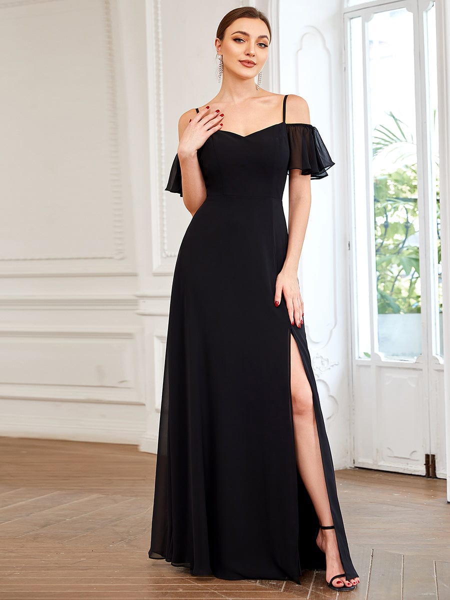 Cold-Shoulder High Split Floor Length Bridesmaid Dress #color_Black