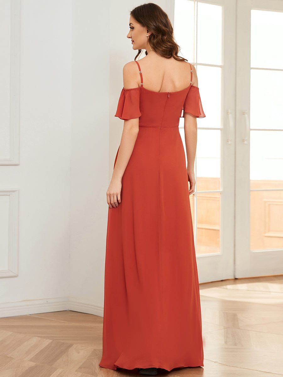 Stylish Cold-Shoulder Split Floor Length Wedding Guest Dress #color_Burnt Orange