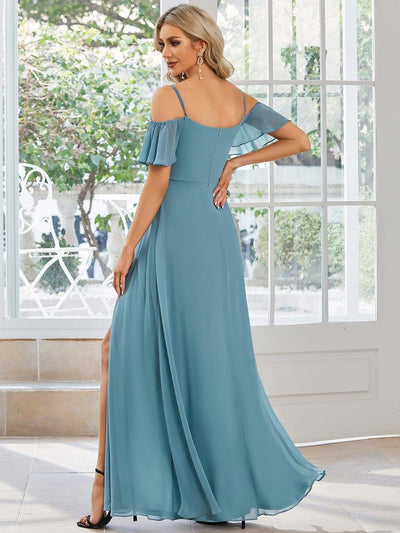 Cold-Shoulder High Split Floor Length Bridesmaid Dress #color_Light Teal