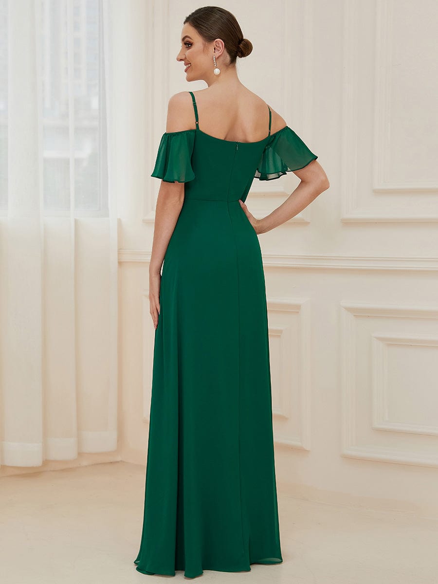 Cold-Shoulder High Split Floor Length Bridesmaid Dress #color_Dark Green