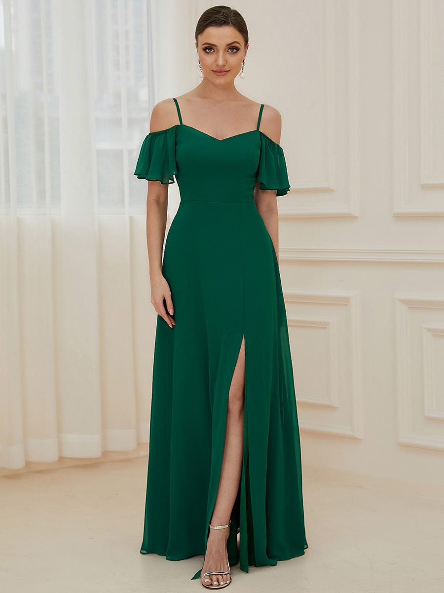 Custom Size Cold-Shoulder Floor Length Bridesmaid Dress with Side Slit #color_Dark Green