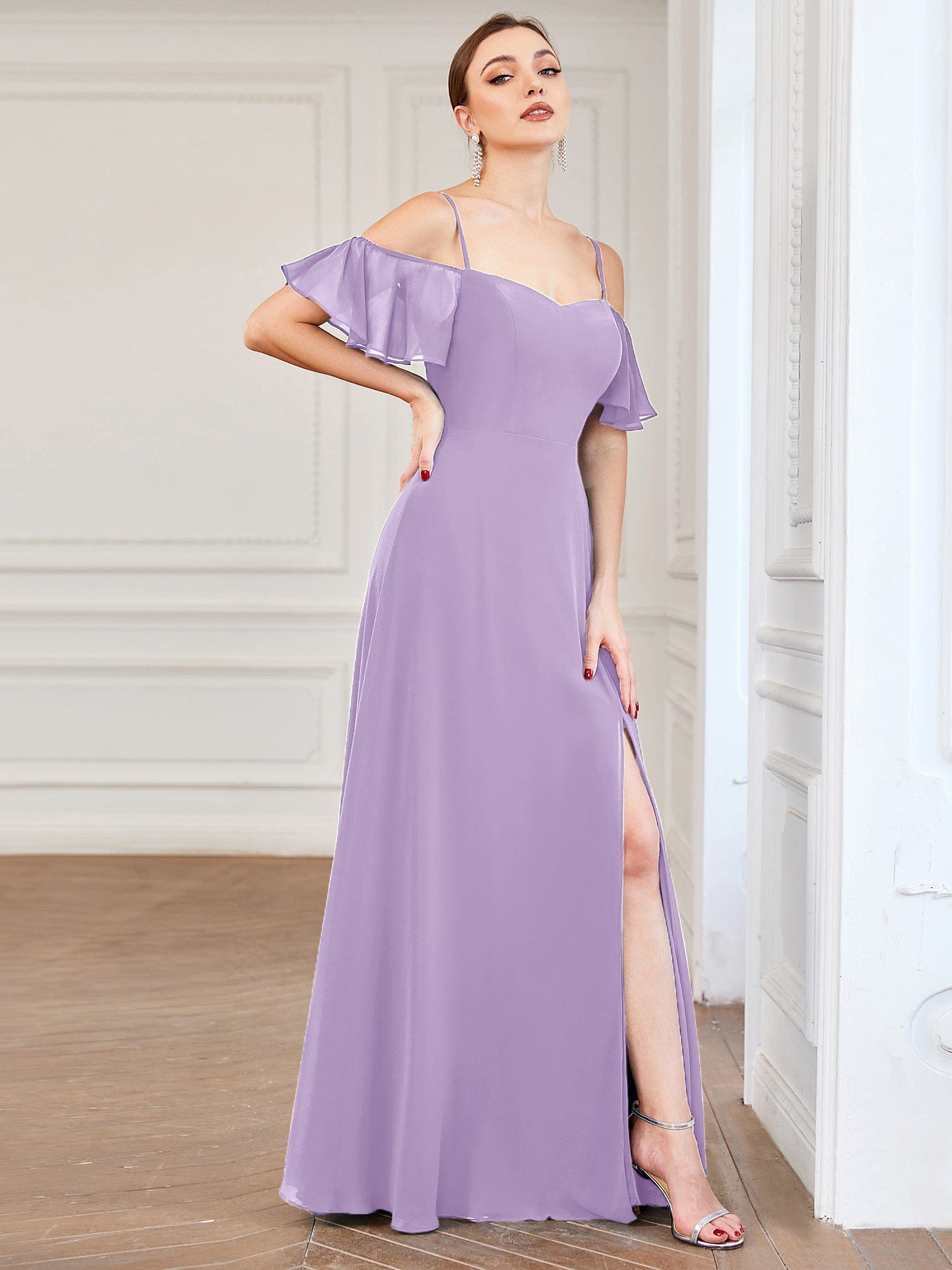 Custom Size Cold-Shoulder Floor Length Bridesmaid Dress with Side Slit