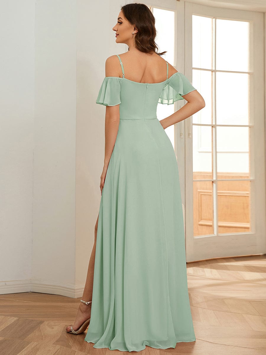 Custom Size Cold-Shoulder Floor Length Bridesmaid Dress with Side Slit #color_Mint Green