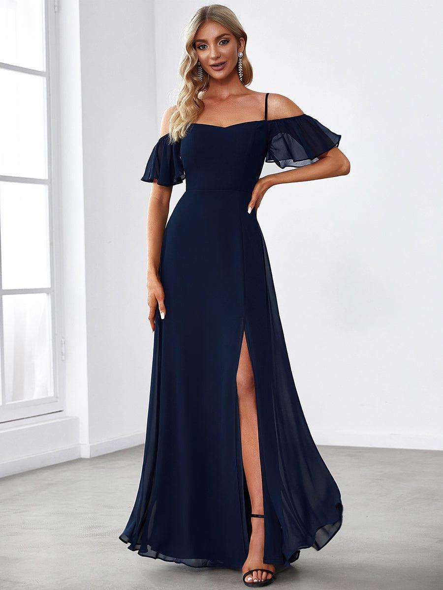 Stylish Cold-Shoulder Split Floor Length Wedding Guest Dress