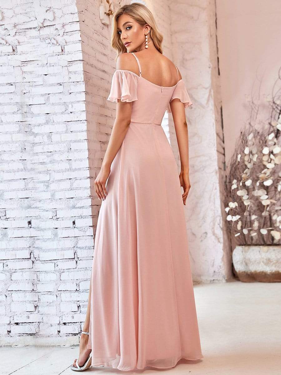Stylish Cold-Shoulder Split Floor Length Wedding Guest Dress #color_Pink