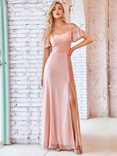 Stylish Cold-Shoulder Split Floor Length Wedding Guest Dress #color_Pink