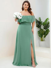 Women's Off-The-Shoulder Ruffle Thigh Split Plus Size Bridesmaid Dress #color_Green Bean