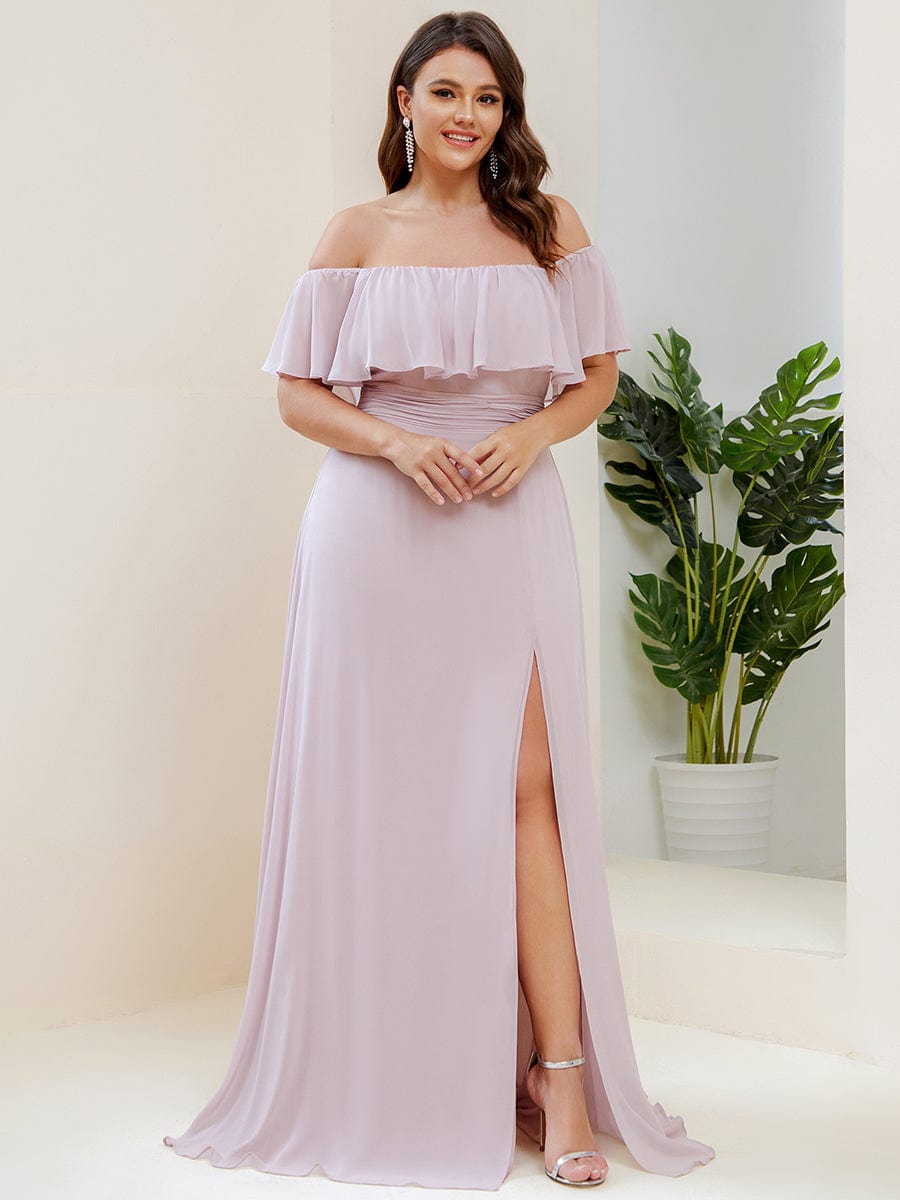 Women's Off-The-Shoulder Ruffle Thigh Split Plus Size Bridesmaid Dress #color_Lilac
