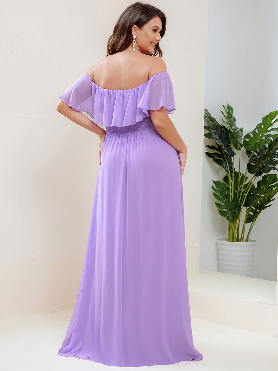 Women's Off-The-Shoulder Ruffle Thigh Split Plus Size Bridesmaid Dress #color_Lavender