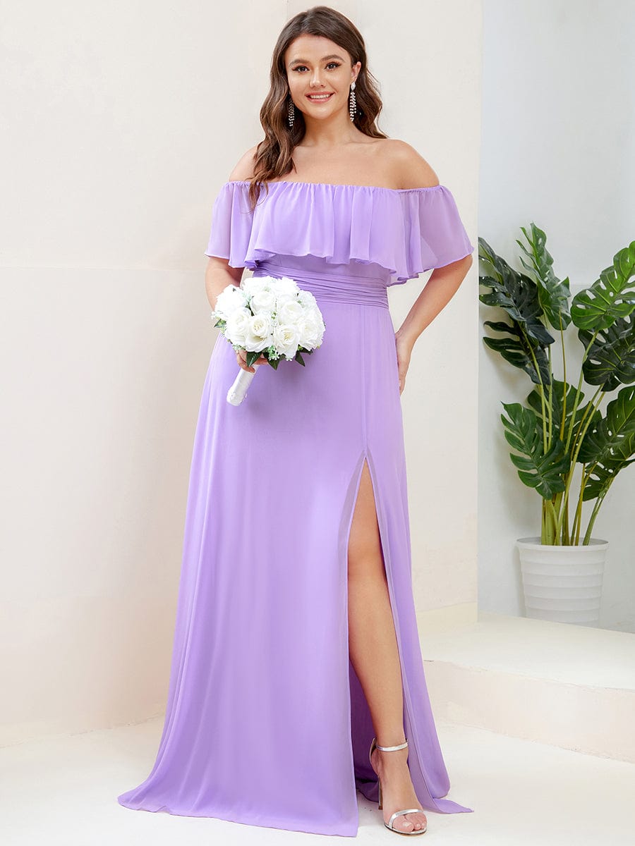 Women's Off-The-Shoulder Ruffle Thigh Split Plus Size Bridesmaid Dress #color_Lavender