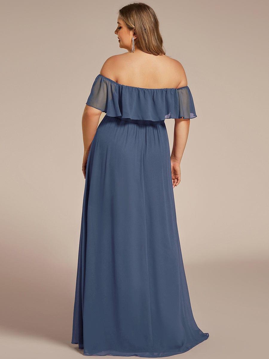 Custom Size Women's Off-The-Shoulder Ruffle Thigh Split Bridesmaid Dresses #color_Stormy
