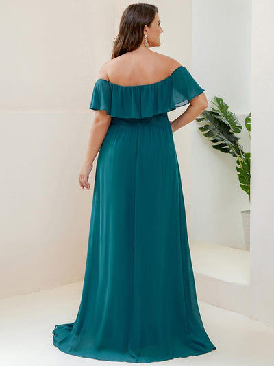 Plus Size Off-The-Shoulder Ruffle Chiffon Bridesmaid Dress #color_Teal