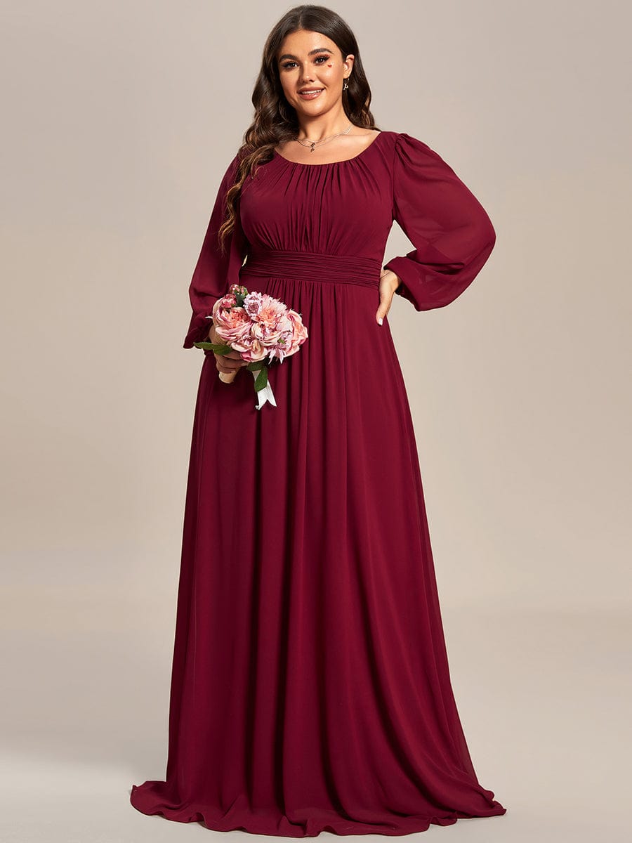 Plus Size Sheer Long Sleeve Pleated Floor Length Bridesmaid Dress #color_Burgundy