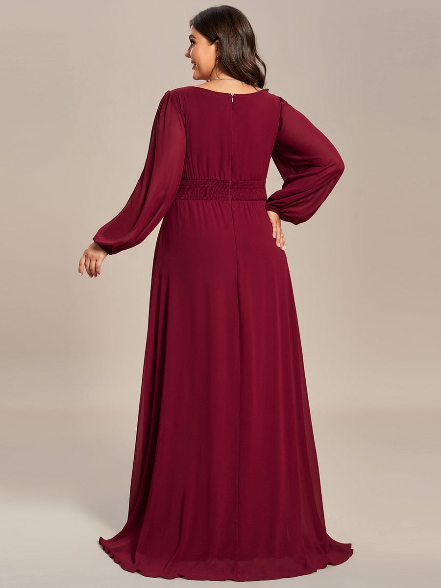Plus Size Sheer Long Sleeve Pleated Floor Length Bridesmaid Dress #color_Burgundy