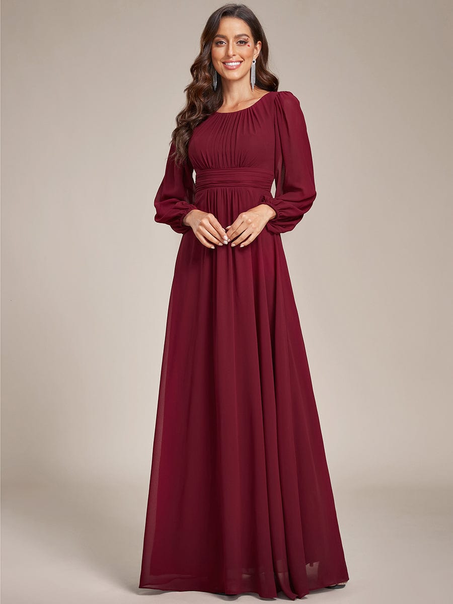 Chiffon Long Sleeve Pleated Floor Length Bridesmaid Dress #color_Burgundy