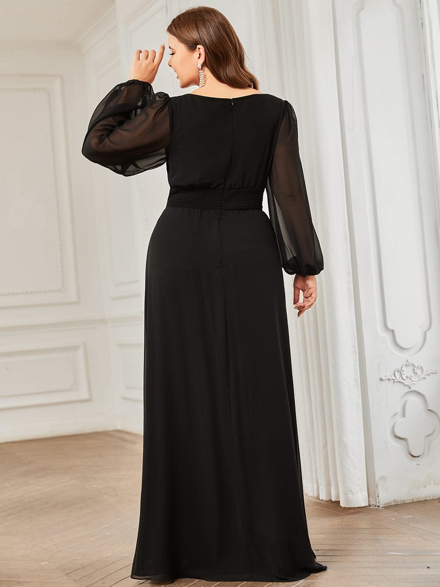 Plus Size Sheer Long Sleeve Pleated Floor Length Bridesmaid Dress #color_Black