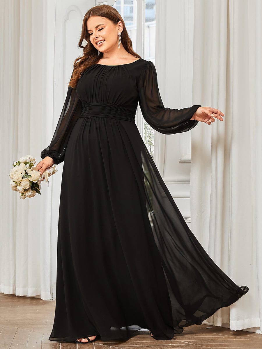 Plus Size Sheer Long Sleeve Pleated Floor Length Bridesmaid Dress #color_Black