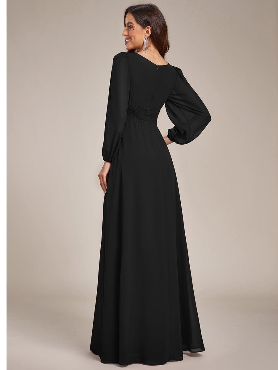Chiffon Long Sleeve Pleated Floor Length Bridesmaid Dress #color_Black