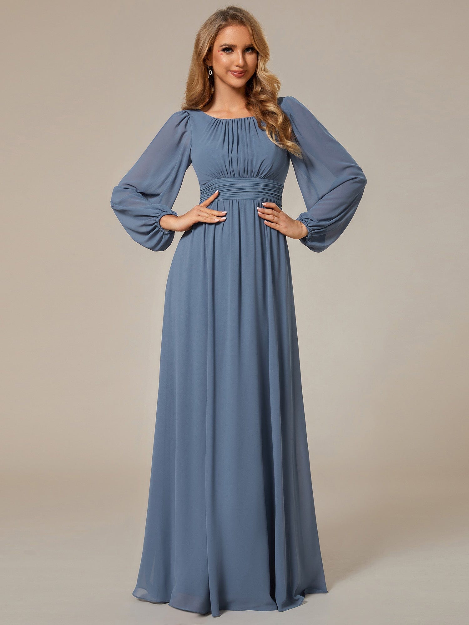 Custom Size See-Througth Puff Sleeve Chiffon Bridesmaid Dress #color_Dusty Navy