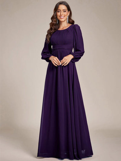 Chiffon Long Sleeve Pleated Floor Length Bridesmaid Dress #color_Dark Purple