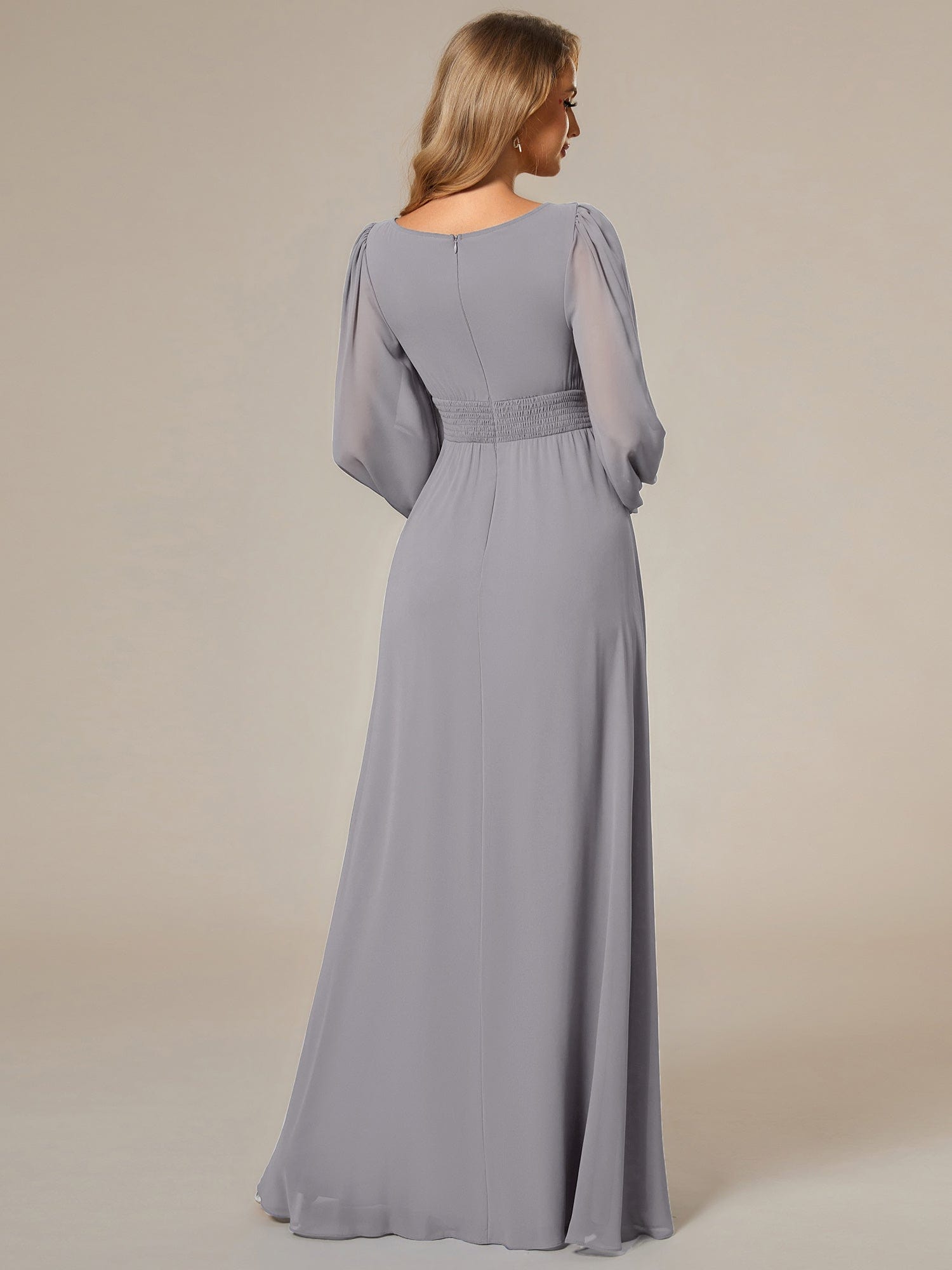 Custom Size See-Througth Puff Sleeve Chiffon Bridesmaid Dress #color_Grey