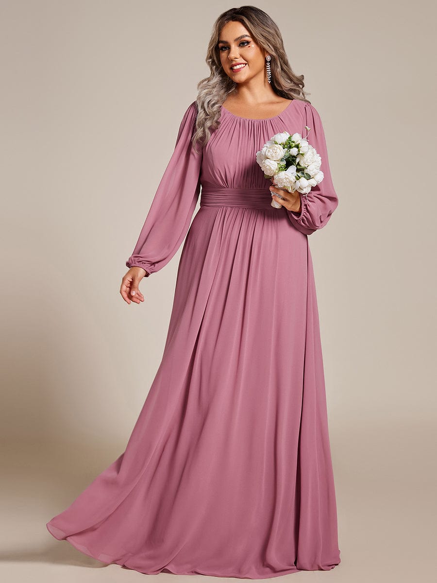 Plus Size Sheer Long Sleeve Pleated Floor Length Bridesmaid Dress