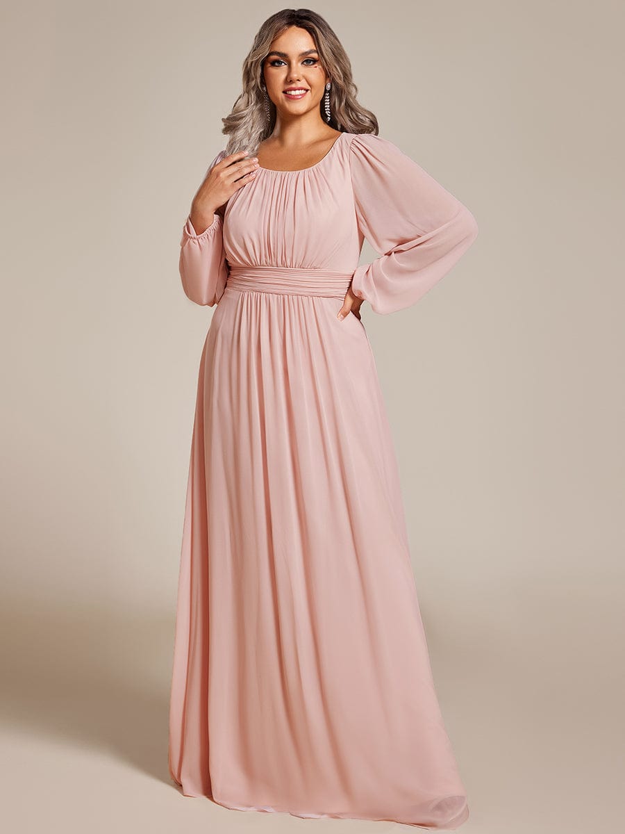Plus Size Sheer Long Sleeve Pleated Floor Length Bridesmaid Dress #color_Pink