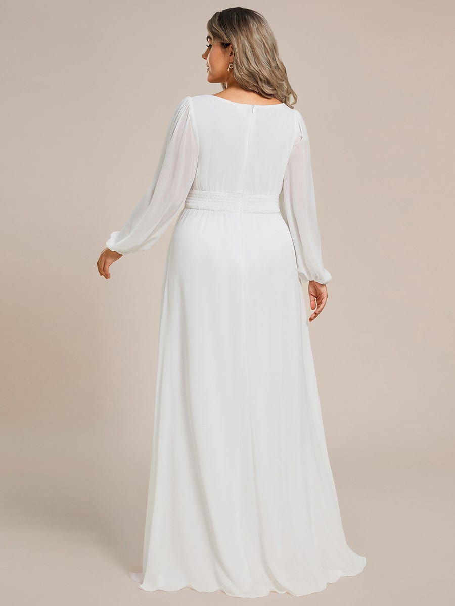Plus Size Sheer Long Sleeve Pleated Floor Length Bridesmaid Dress #color_White
