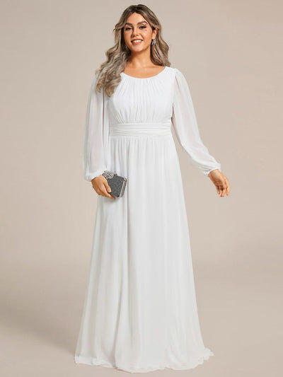 Plus Size Sheer Long Sleeve Pleated Floor Length Bridesmaid Dress #color_White