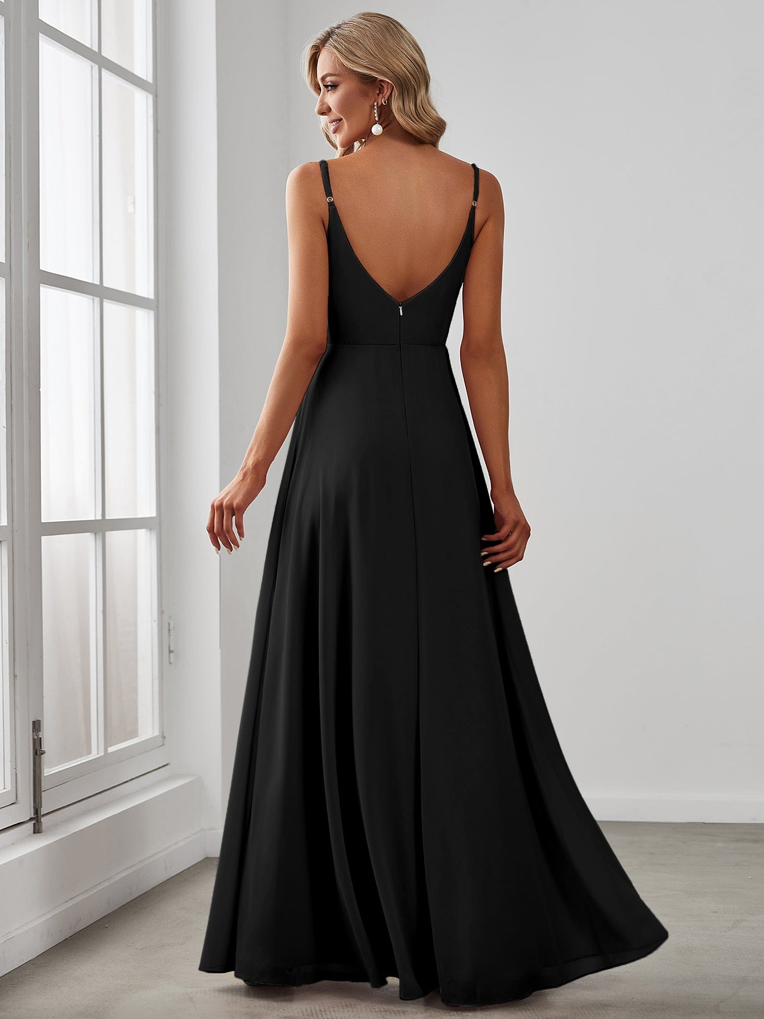 Spaghetti Strap Pleated V-Neck High Slit Bridesmaid Dress #color_Black