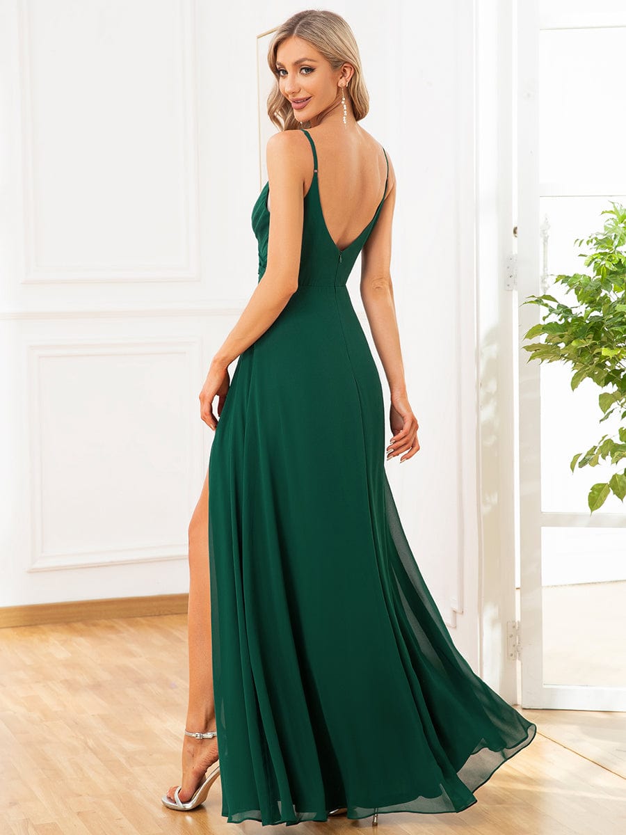 Spaghetti Strap Pleated V-Neck High Slit Bridesmaid Dress #color_Dark Green