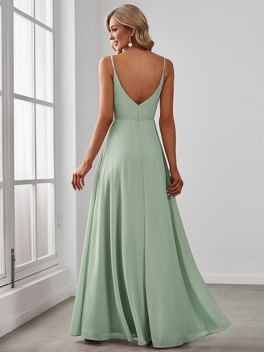 Spaghetti Strap Pleated V-Neck High Slit Bridesmaid Dress #color_Mint Green