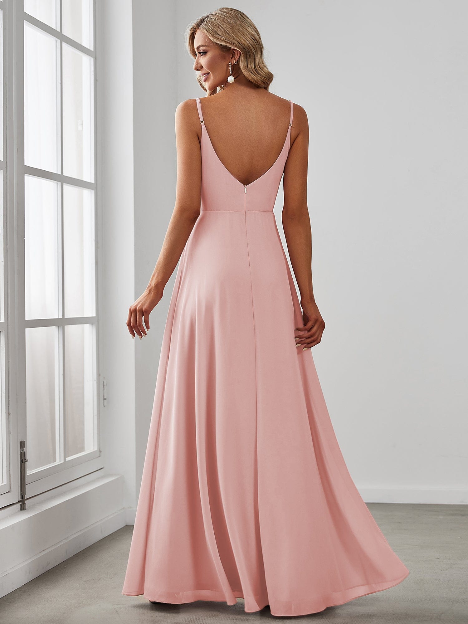 Spaghetti Strap Pleated V-Neck High Slit Bridesmaid Dress #color_Pink