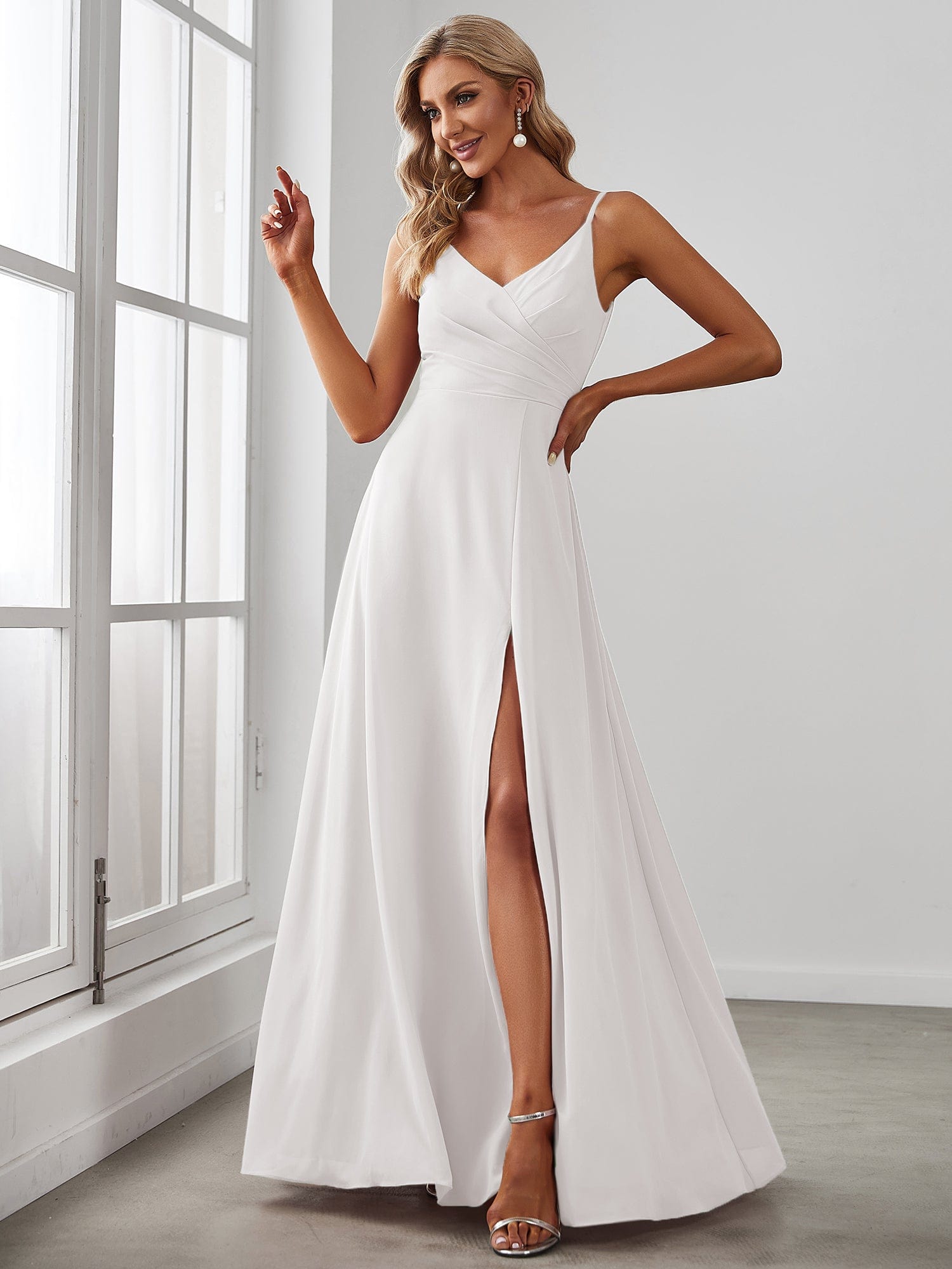 Spaghetti Strap Pleated V-Neck High Slit Bridesmaid Dress #color_White