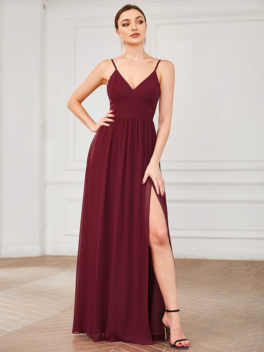 Spaghetti Strap V-Neck Pleated Floor Length Bridesmaid Dress #color_Burgundy