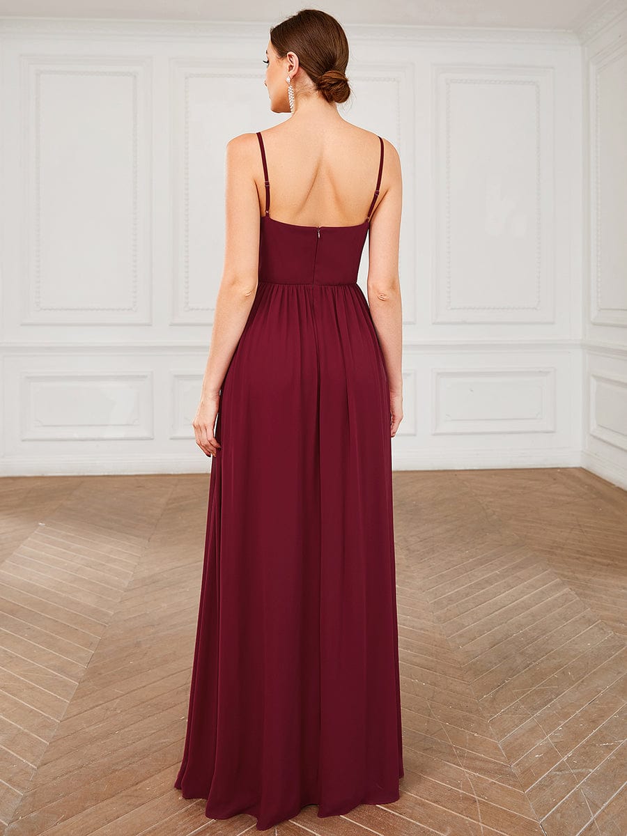 Spaghetti Strap V-Neck Pleated Floor Length Bridesmaid Dress #color_Burgundy
