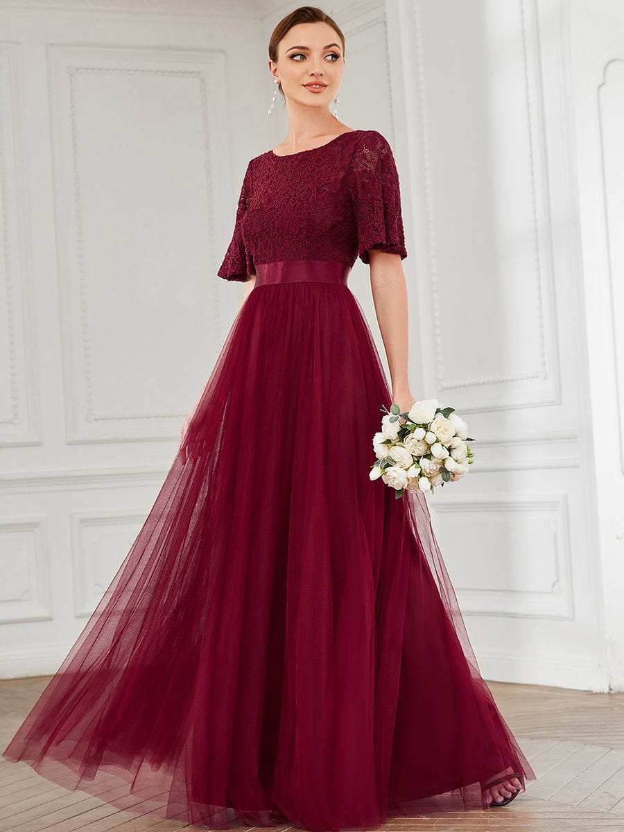 Lace Short Sleeve Bodycon A-line Tulle Bridesmaid Dress #color_Burgundy