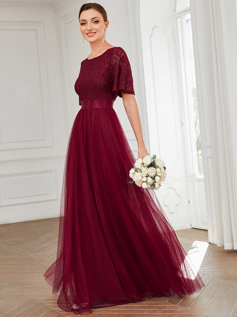 Lace Short Sleeve Bodycon A line Tulle Bridesmaid Dress