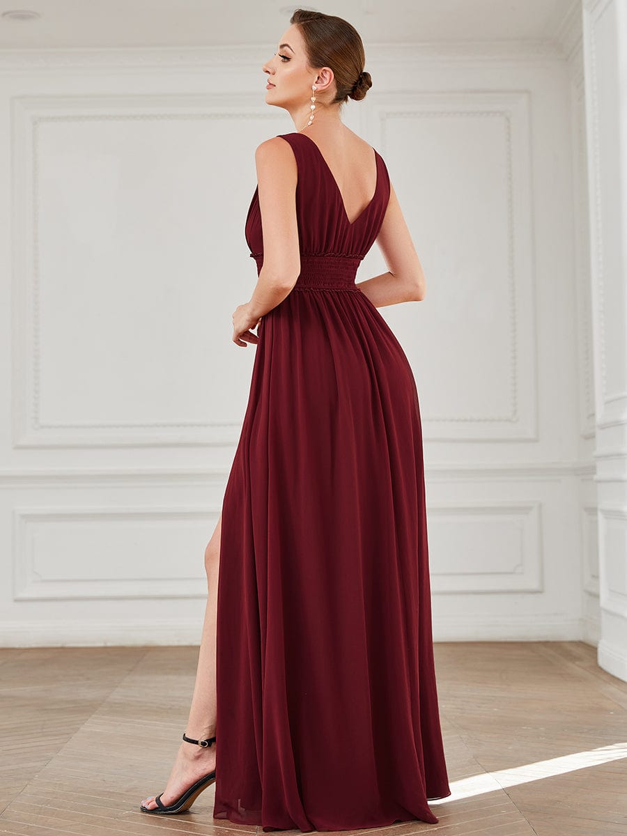 V-Neck Sleeveless Front Slit Pleated Chiffon Bridesmaid Dress #Color_Burgundy