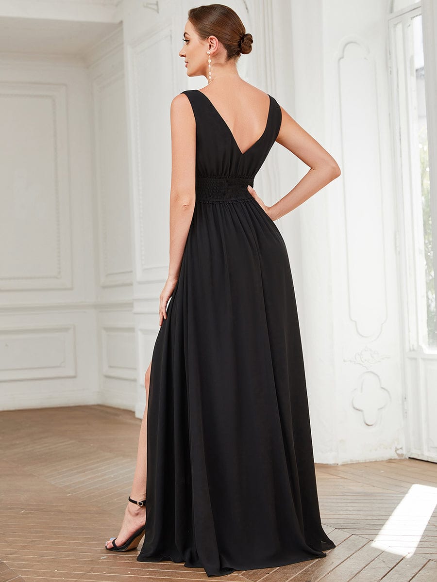 V-Neck Sleeveless Front Slit Pleated Chiffon Bridesmaid Dress #Color_Black