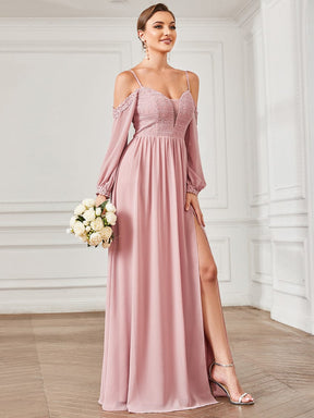 Lace Long Sleeve Chiffon Cold Shoulder Front Slit Bridesmaid Dress