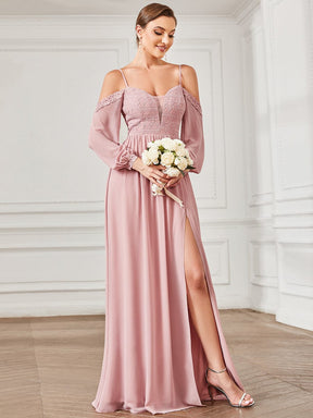 Lace Long Sleeve Chiffon Cold Shoulder Front Slit Bridesmaid Dress