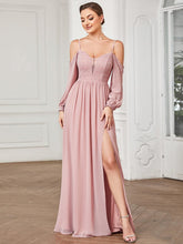 Lace Long Sleeve Chiffon Cold Shoulder Front Slit Bridesmaid Dress #Color_Dusty Rose