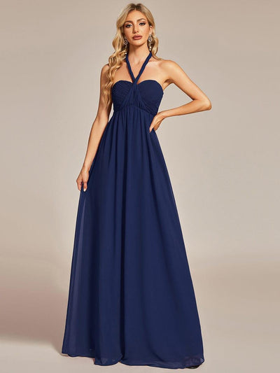 Multiway Chiffon Pleated Strapless Floor Length Bridesmaid Dress #color_Navy Blue