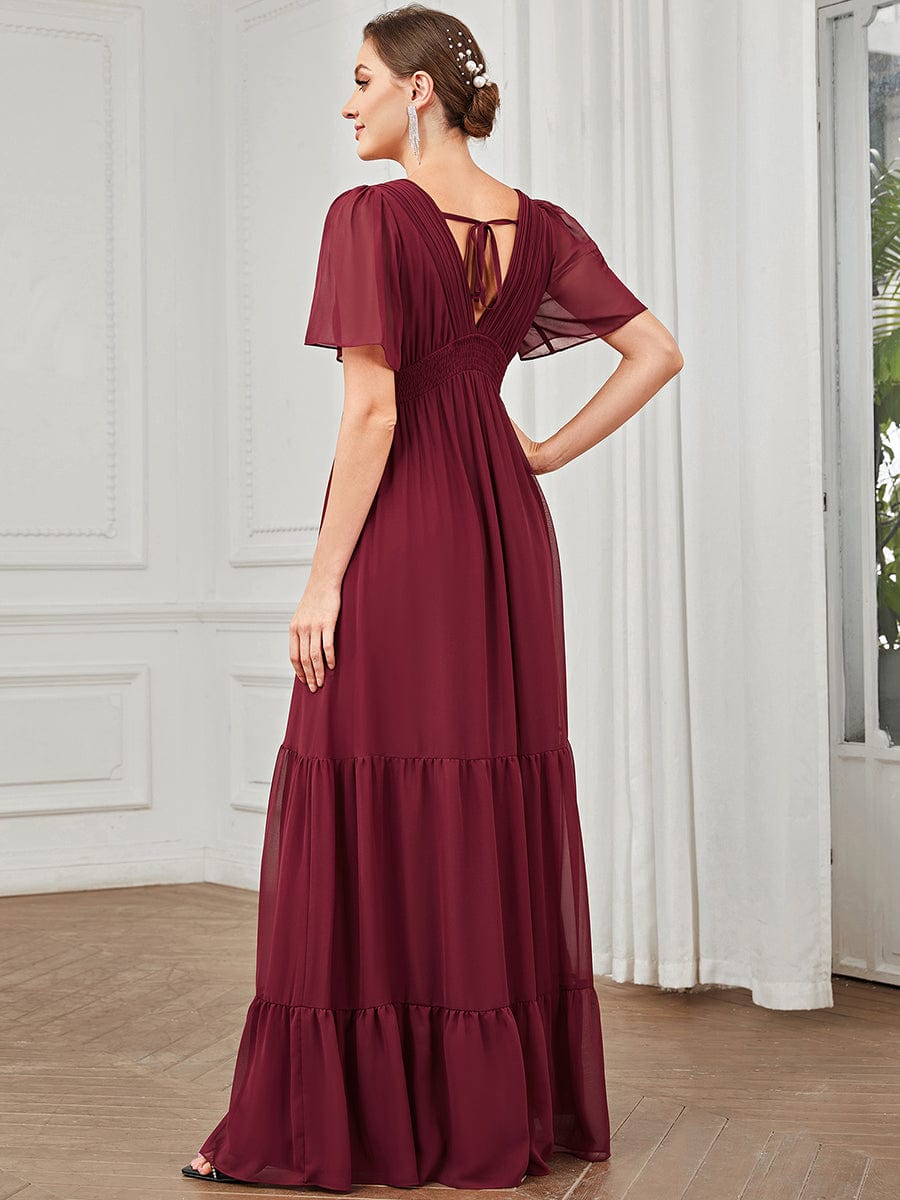 Chiffon V-Neck Short Sleeve Vintage Prairie Tiered Maxi Maternity Bridesmaid Dress