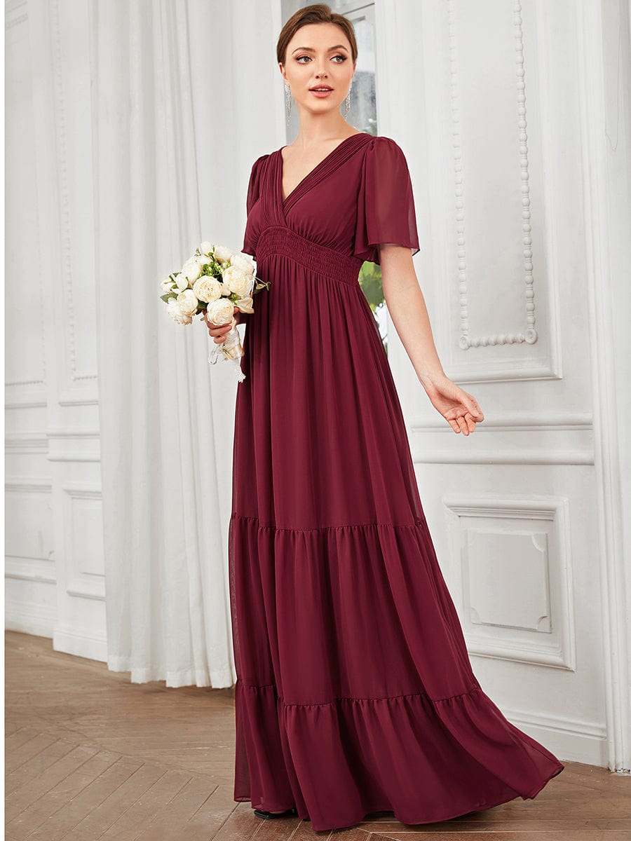 Chiffon V-Neck Short Sleeve Vintage Prairie Tiered Maxi Maternity Bridesmaid Dress